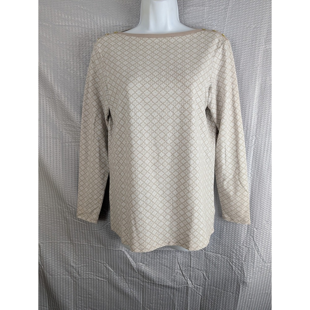 DG2 by Diane Gilman Boatneck Top Geometric Print Gold Buttons Tan XS‎